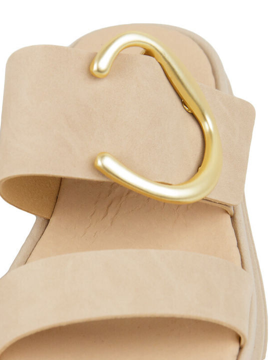 Leather Women's Flat Sandals Flatforms Beige