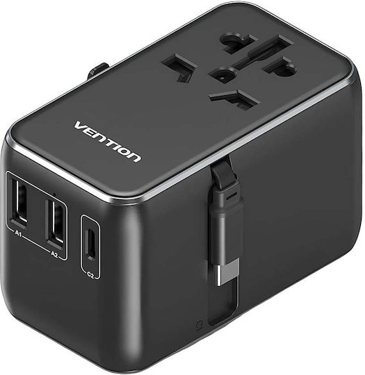 Vention Universal Reiseadapter 3 USB Steckdosen USB-C Kabel Gan Technologie Schwarz