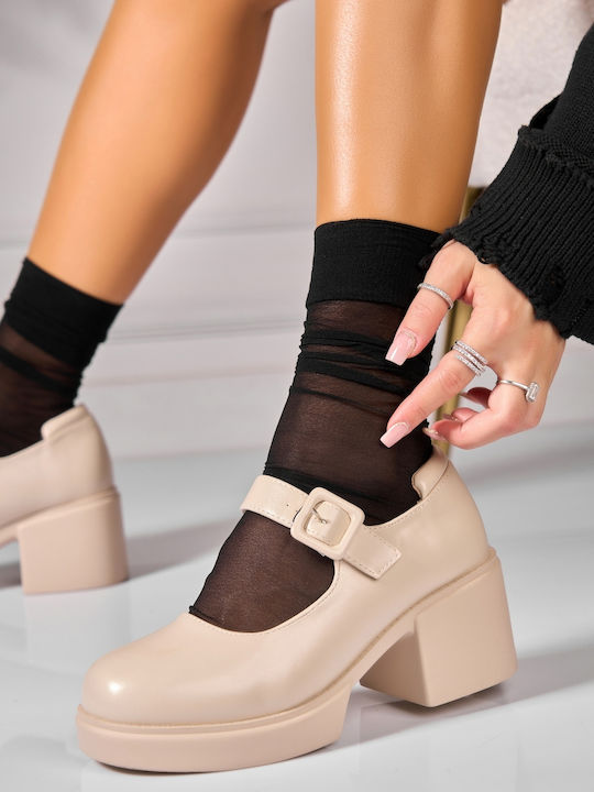 Leder Pumps mit Mittelhohem Beigem Absatz