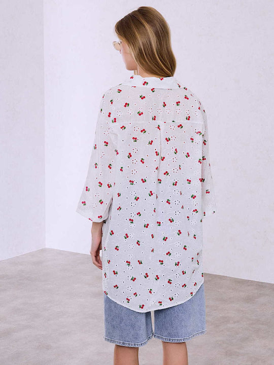 Celestino Women's Embroidered Cherry Loose Fit Shirt White