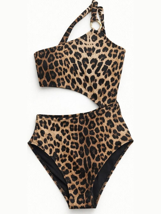 Ολόσωμο Μαγιό με Έναν Ώμο Animal Print Καφέ