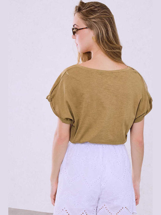 Celestino Women's Blouse Turned Sleeve Loose Fit Camel