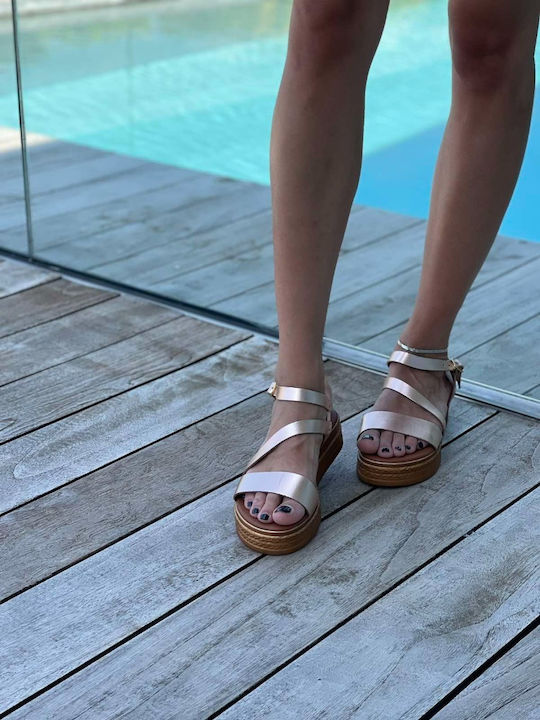 Δερμάτινα Γυναικεία Σανδάλια Flatforms Μπρούτζινο
