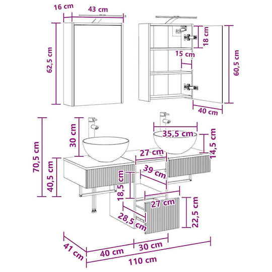 vidaXL Badezimmer Waschtisch-Einheit mit Licht 43x16x62,5cm Graue