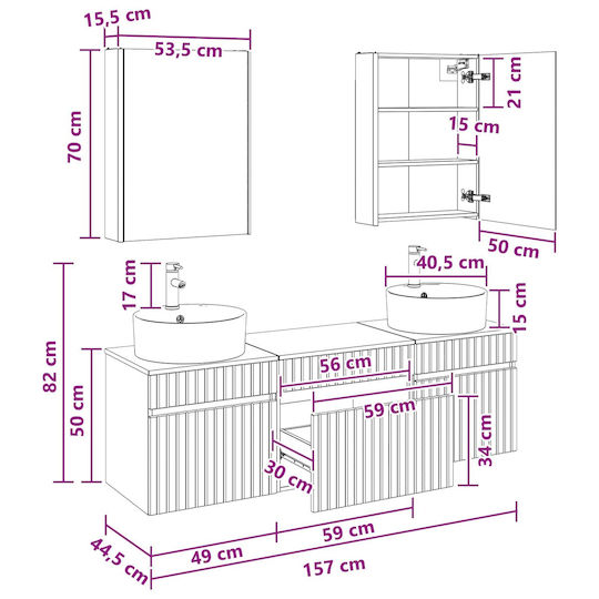 vidaXL Badezimmer Waschtisch-Einheit mit Licht 53x15.5x70cm Eiche