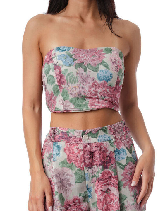 Ροζ Σετ Παντελόνα Strapless Τοπ Φλοράλ Prints