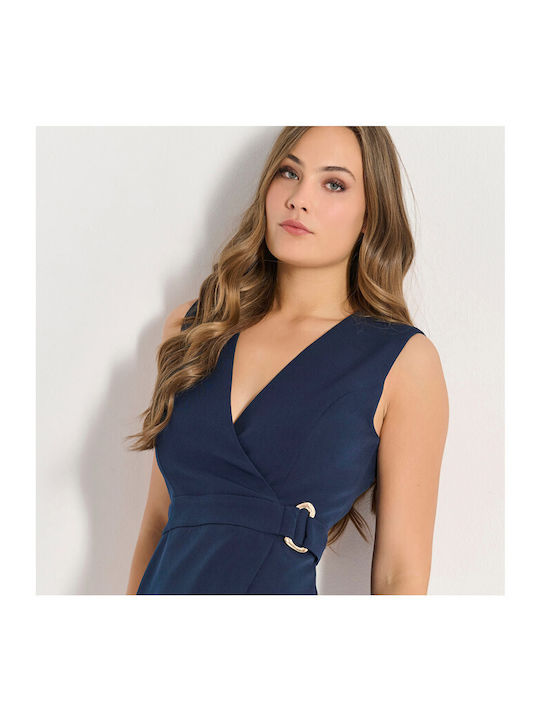 Summer Midi Sleeveless Wrap Navy Blue Dress