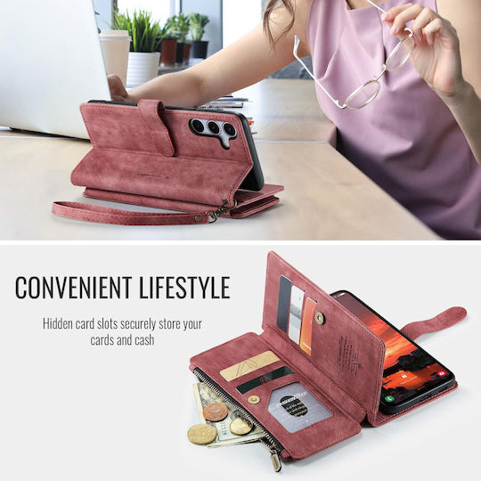Caseme C30 Samsung Galaxy S25/s24 5g Card Slots Zipper Wallet Synthetic Leather Case Red