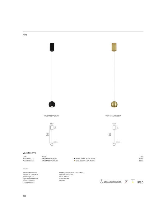 VK Lighting Black LED Pendant Light with Warm White Light