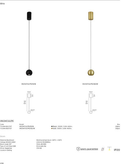 VK Lighting Висящо Осветително Тяло Черно LED с Топло Бяла Светлина