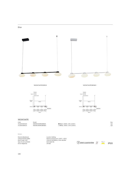 VK Lighting Κρεμαστό Φωτιστικό Μαύρο LED με Θερμό Λευκό Φως