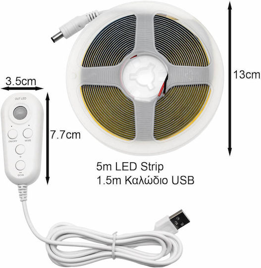 Rixme LED Strip USB 5V Warm White Light 5m with Motion Sensor & Power Supply