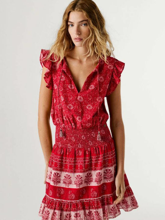 Floral Floral Καλοκαιρινό Mini Φόρεμα Royal Red