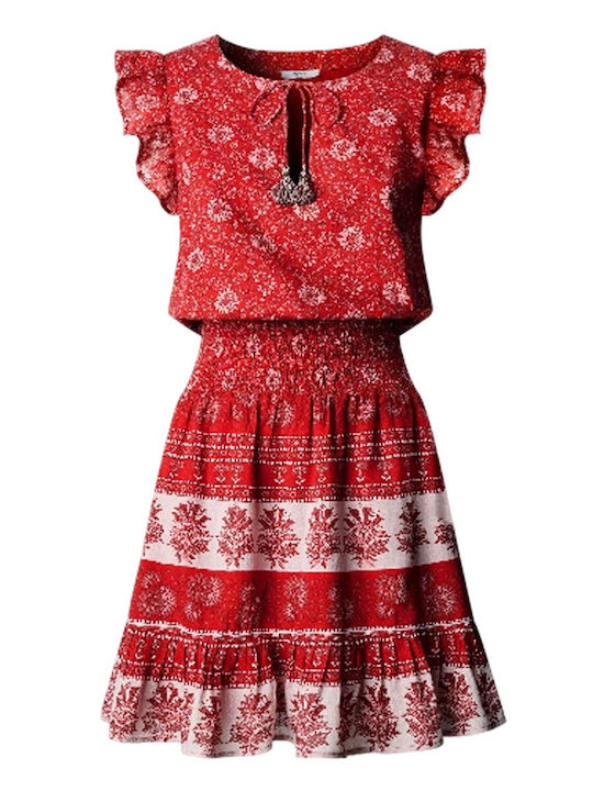 Floral Floral Καλοκαιρινό Mini Φόρεμα Royal Red