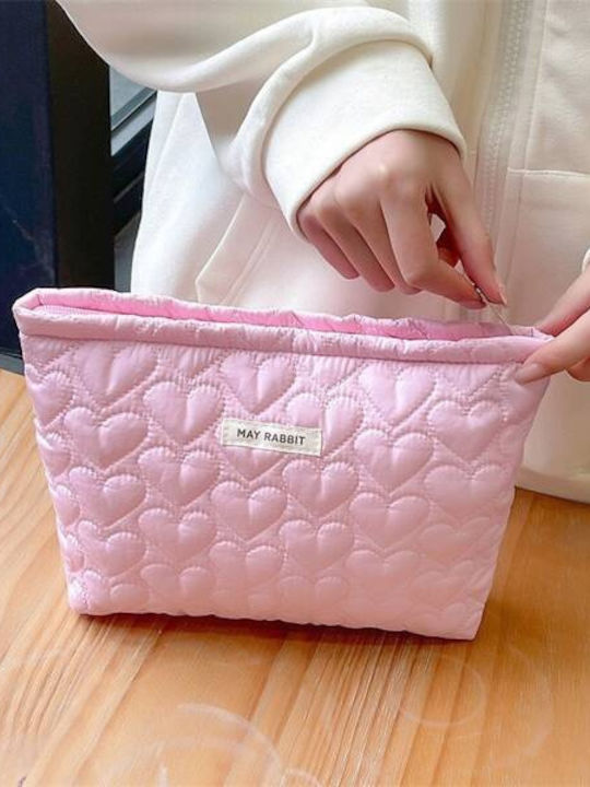 Ecarla Single-compartment Quilted Cosmetic Bag Hearts Pink Ks120r