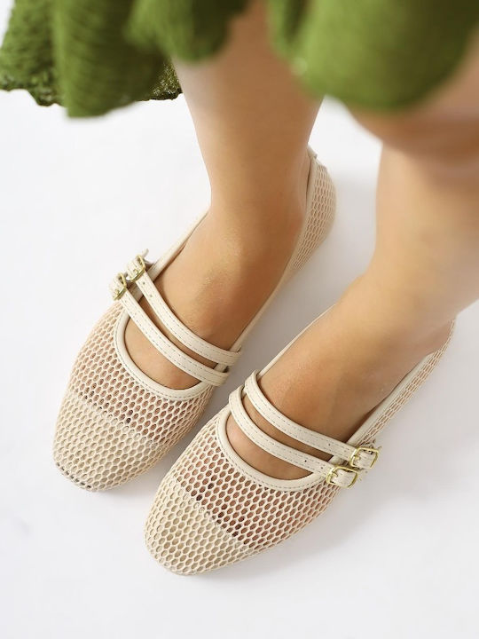 Women's Ballerina Shoes With Strap in Beige Colour