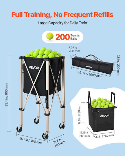 Vevor Tennis Pickleball Ball Collection Cart Foldable Wheels Stainless Steel Storage Bag Capacity 200 Balls Kzdwqsntc200be5dr001v0