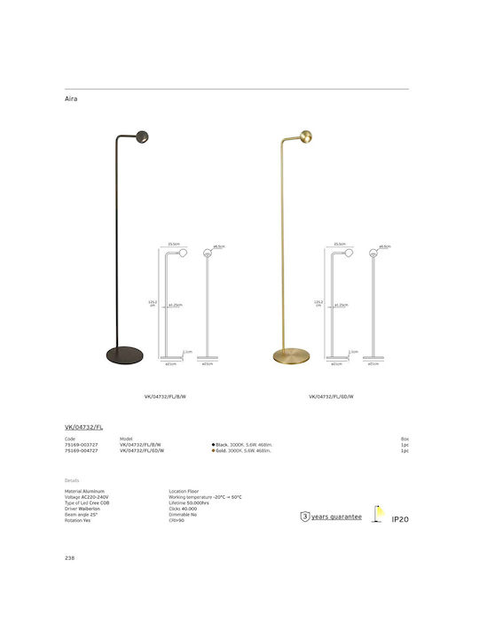 VK Lighting LED Floor Lamp Height 125.2cm With Warm White Light 468lm Gold