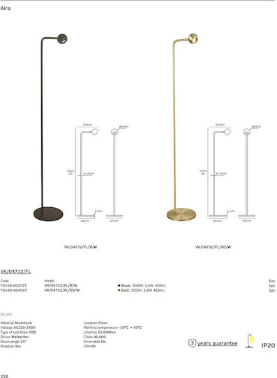VK Lighting LED Floor Lamp Height 125.2cm With Warm White Light 468lm Gold
