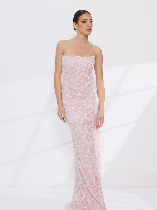 Rochie Maxi Pentru Nuntă / Botez Fără Bretele Roz