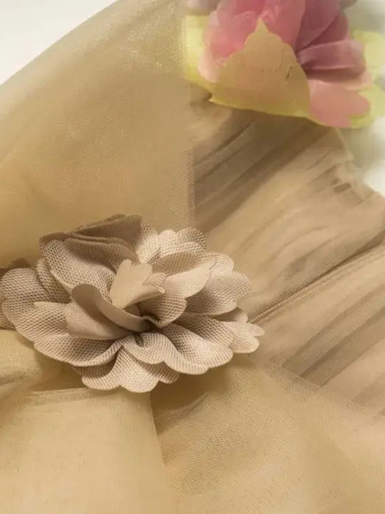 Παιδικό Φόρεμα Αμάνικο Τούλινο Floral Μπρονζέ