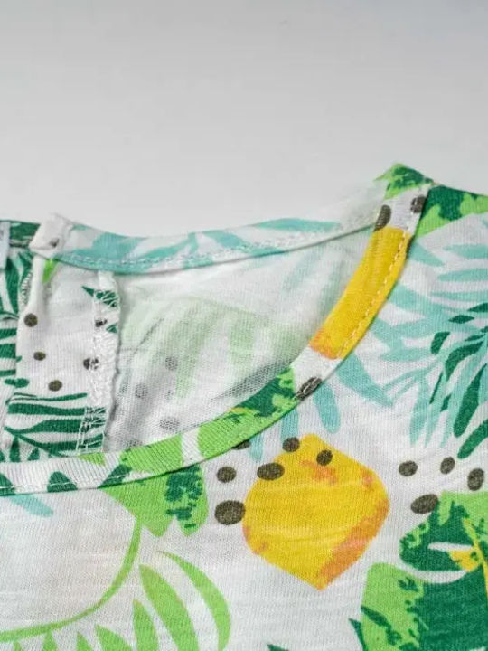 Rochie De Fete Tropical Fruits Mâneca Scurtă Floral Set Cu Accesorii Verde