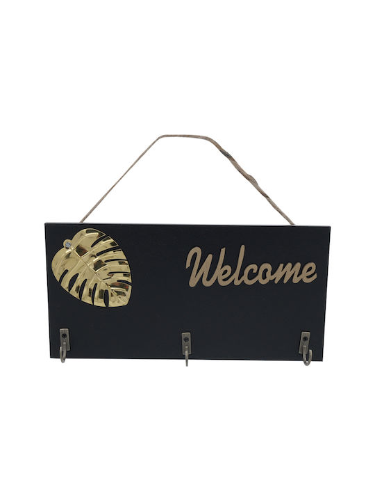 Uncle George Wall Key Holder Wooden Wooden Black Key Holder with Gold Letters "Welcome" and 3 Metal Hooks and Modern Leaf Design 3 positions 20x1x10cm