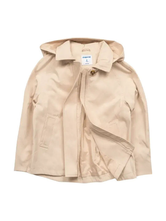 Kids Long Windproof Coat with Hood Ecru
