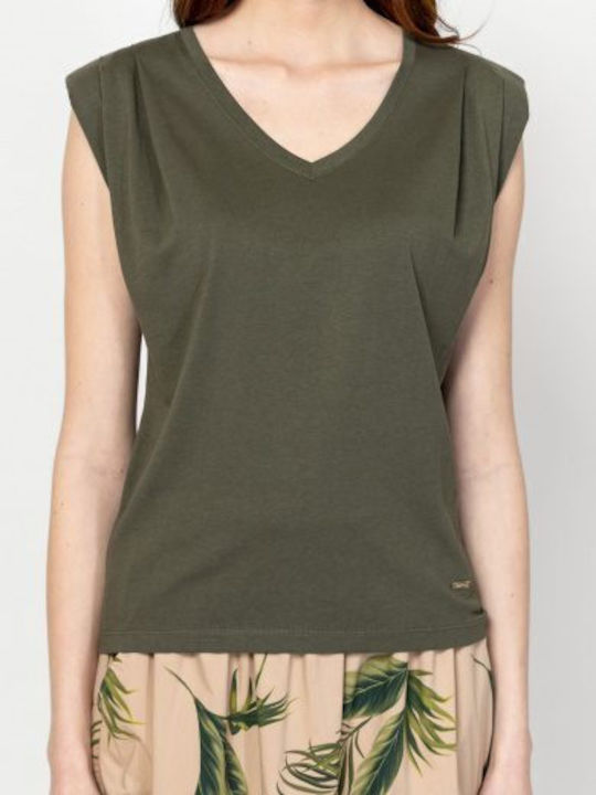 Women's Cotton Sleeveless Blouse with V Neckline Olive