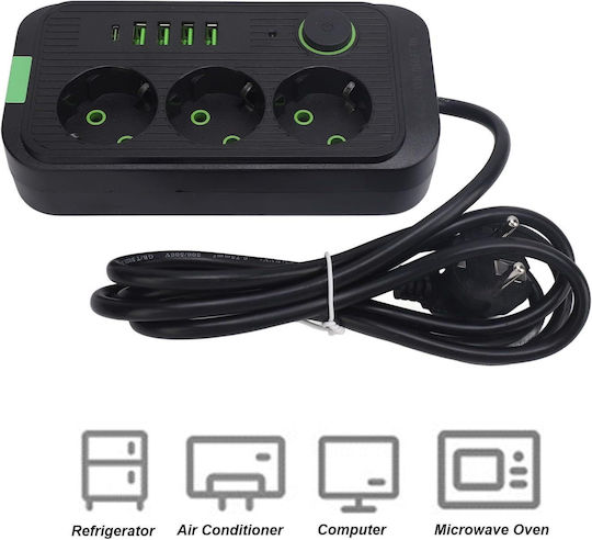 Bandă de Alimentare de Siguranță cu 3 Prize cu USB-A 1 USB-C Comutator și Cablu de 2m