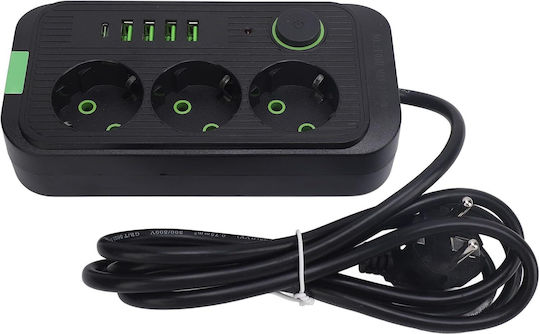 Bandă de Alimentare de Siguranță cu 3 Prize cu USB-A 1 USB-C Comutator și Cablu de 2m