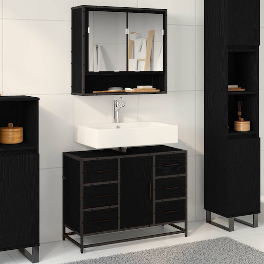 vidaXL Шкаф със Мивка, Огледало & Колона Д80xШ33xВ60см Black Oak