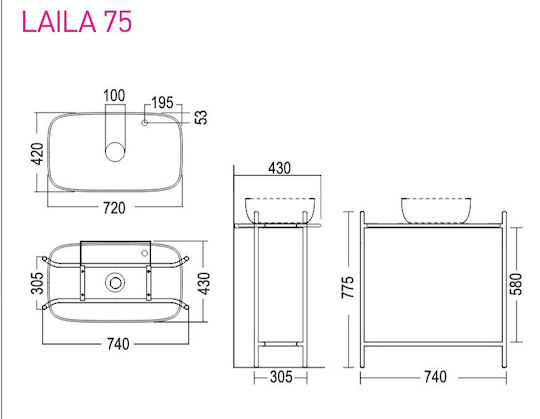 Scarabeo Countertop without Sink L74xW43xH77.5cm White Matt