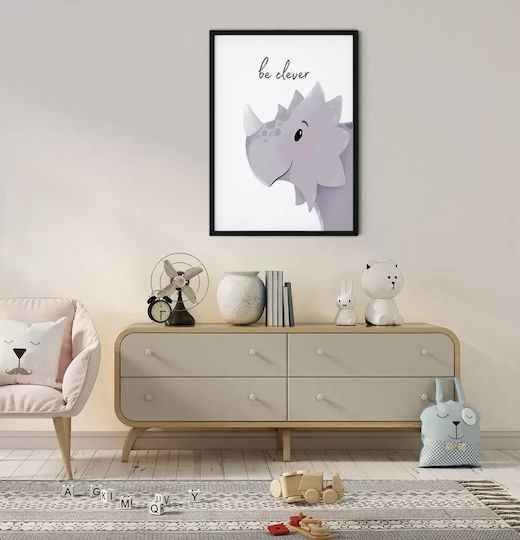 Kids Wall Art Framed Dinosaur Be Clever with White Frame from Wood 40x50cm