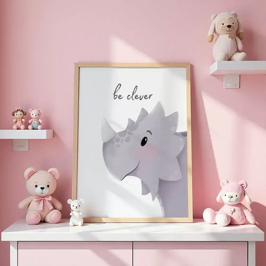 Kids Wall Art Framed Dinosaur Be Clever with White Frame from Wood 40x50cm