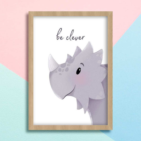 Kids Wall Art Framed Dinosaur Be Clever with White Frame from Wood 40x50cm