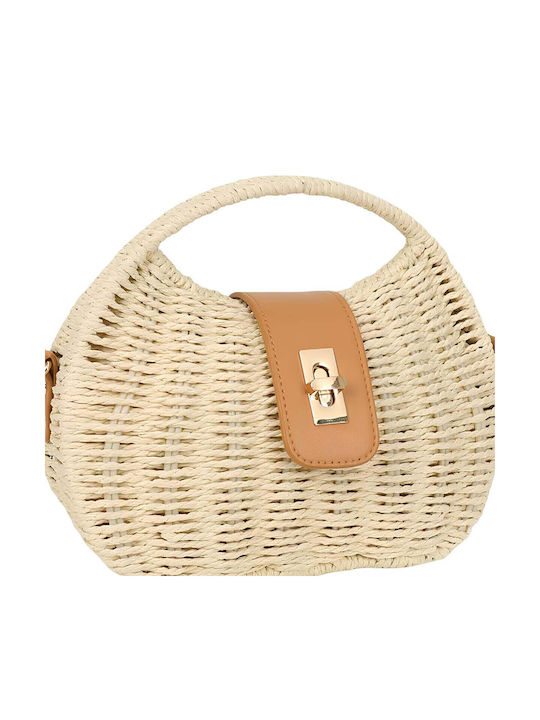 Gallantry Women's Braided Handbag Half-moon Shape Metal Closure Beige