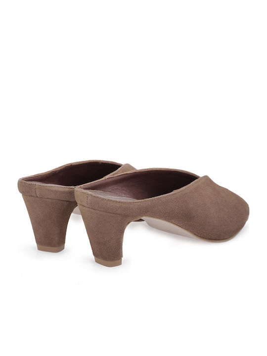 Suede Mules με Χαμηλό Τακούνι σε Ταμπά Χρώμα