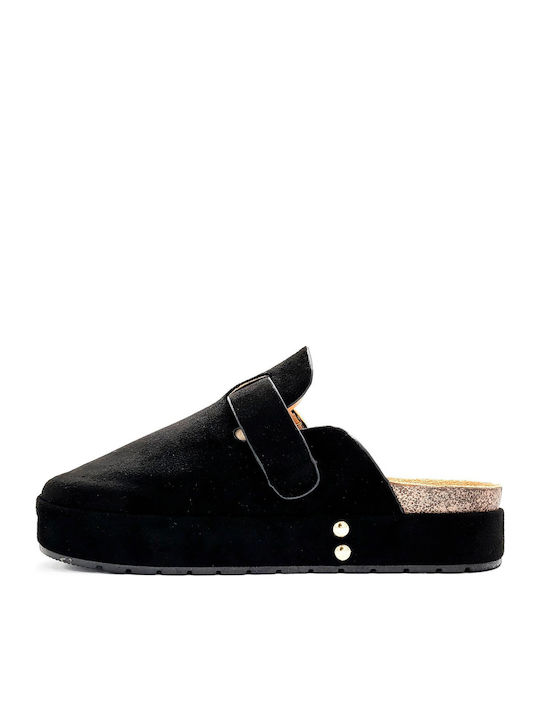 Suede Mules με Τακούνι σε Μαύρο Χρώμα