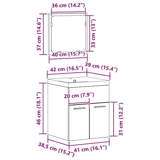 vidaXL Πάγκος με Νιπτήρα, Καθρέπτη & Στήλη Μ41xΒ46xΥ38.5cm Παλιό Ξύλο