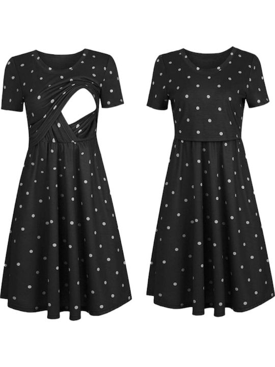 Polka Dot Short Sleeve Nursing Dress Black and White