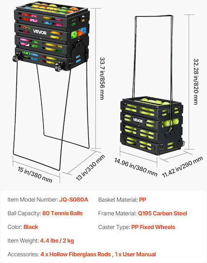 Vevor Tennis Pickleball Ball Collection Basket Wheels Capacity 80 Balls Wqsnljsltg80ylubk001v0
