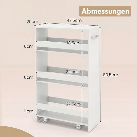 Costway Wooden Kitchen Trolley 4 Tiers White 47.5x20x80.5cm