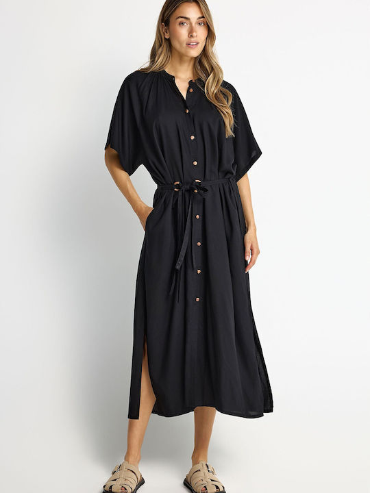 Sommer Midi Hemdkleid Kurzärmelig Schwarz FBL013-100-13-Schwarz