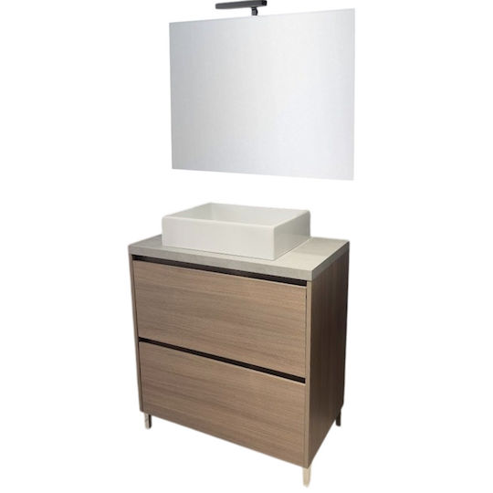 Savinidue Waschtisch mit Waschbecken & Spiegel mit Licht Melamin Natural
