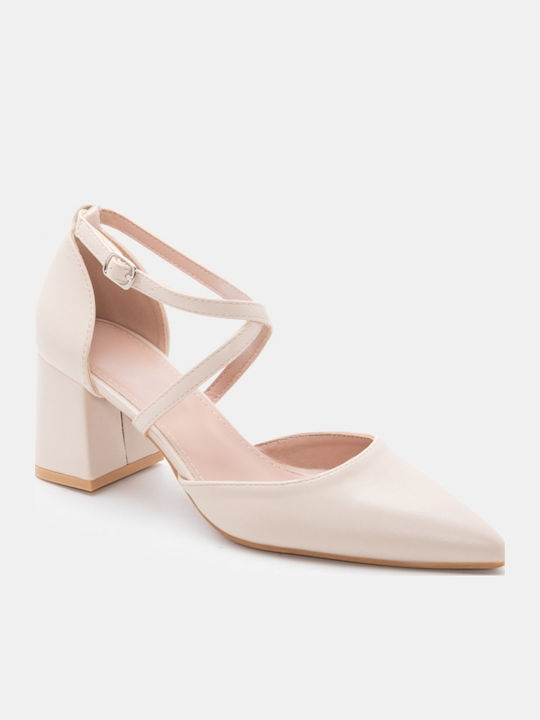 Pointed Toe Heels with Strap & Medium Beige Heel