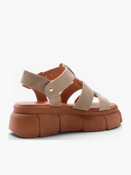 Beige Leather Chunky Flatforms Double Straps