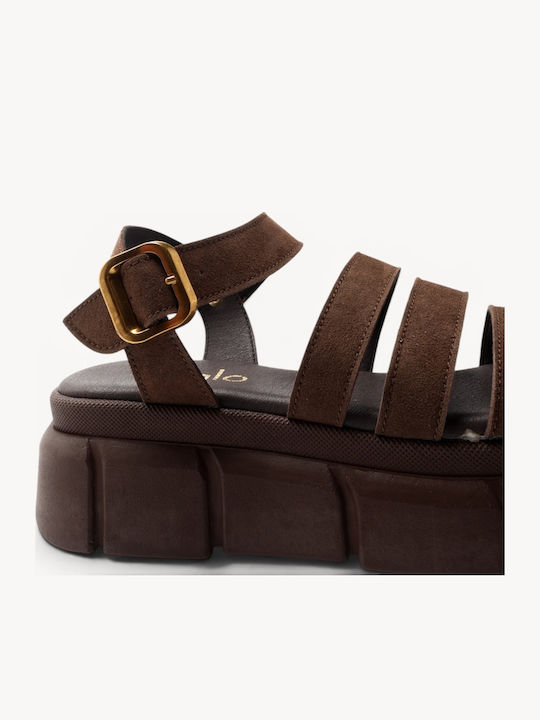 Braune Leder Multi Strap Chunky Flatforms