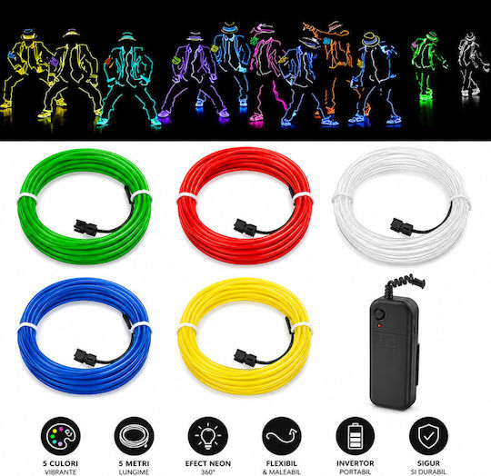 Kit El Wire 5 Metri Invertor Portabil cu Baterie pentru Petreceri Gaming Tuning Auto