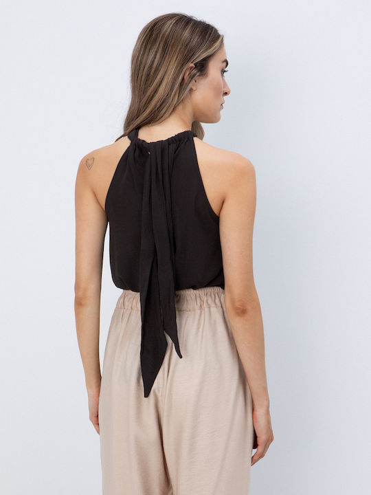 Women's Sleeveless Blouse with Tie Neck Metallic